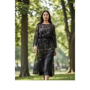 Uniq Black Lace Transparent Belted Overdress Size Medium NWT